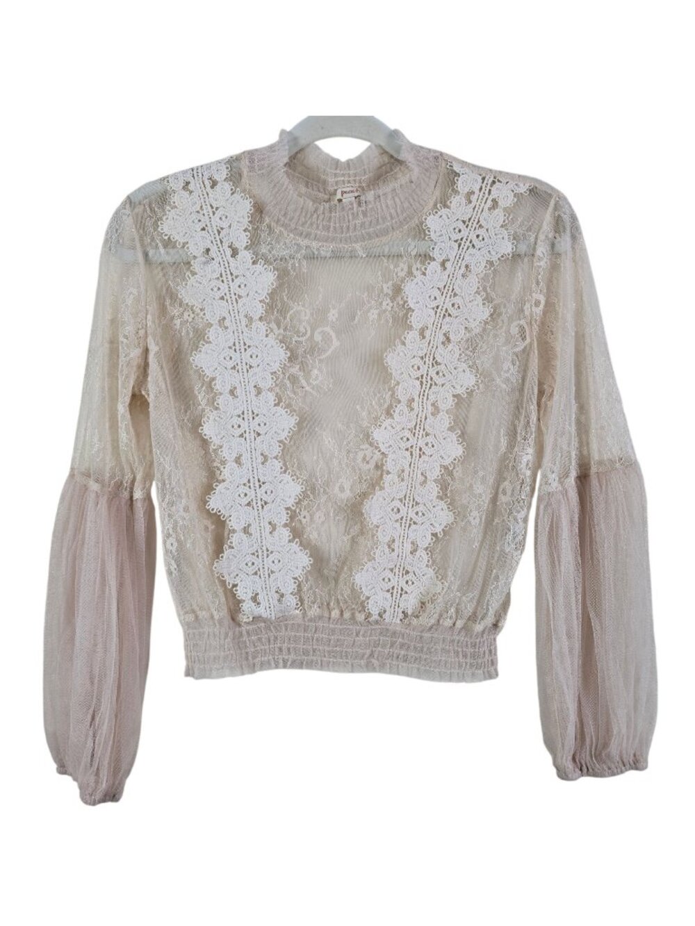 Peach Womens Beige Crochet Boho Sheer Lace Peasant Victorian Mock Neck Top Small